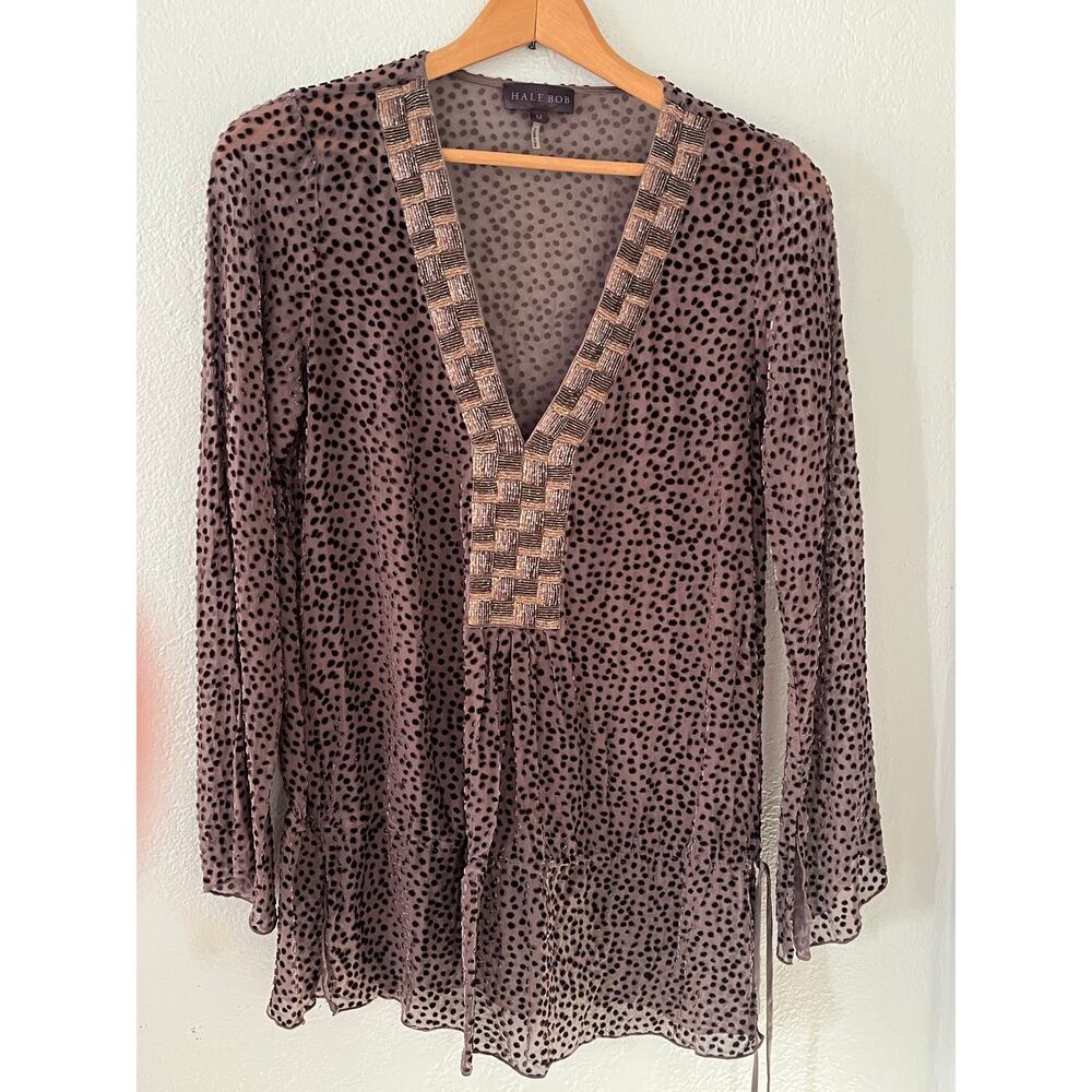 Womens Hale Bob Sheer Beaded Silk Polka Dot  Brown Blouse V Neck Top Size Medium